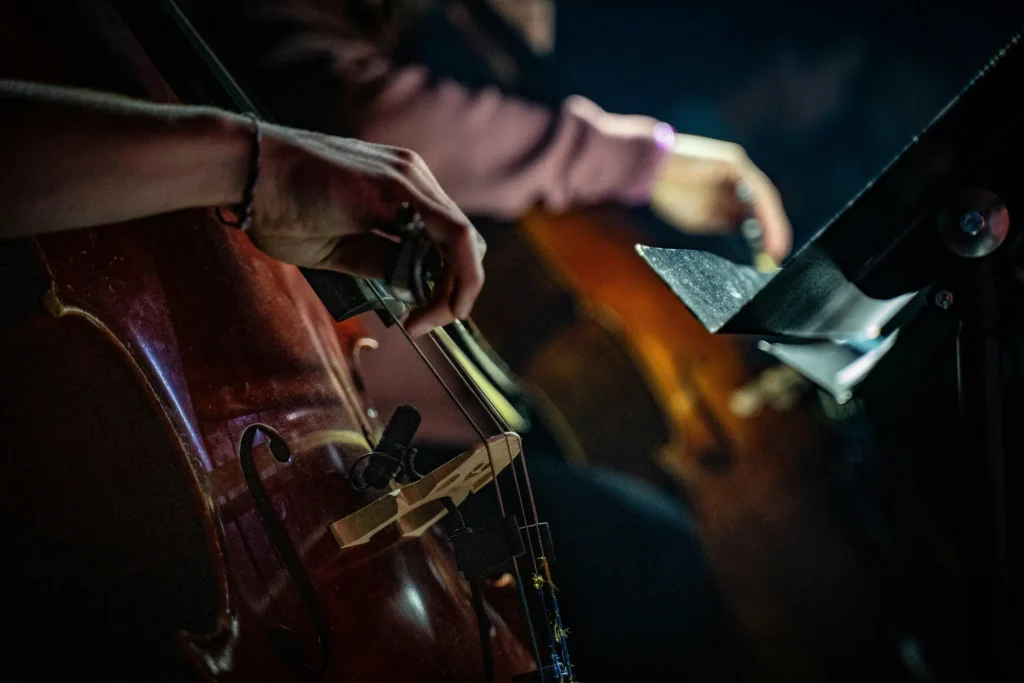 Violoncelliste en plein jeu, en gros plan