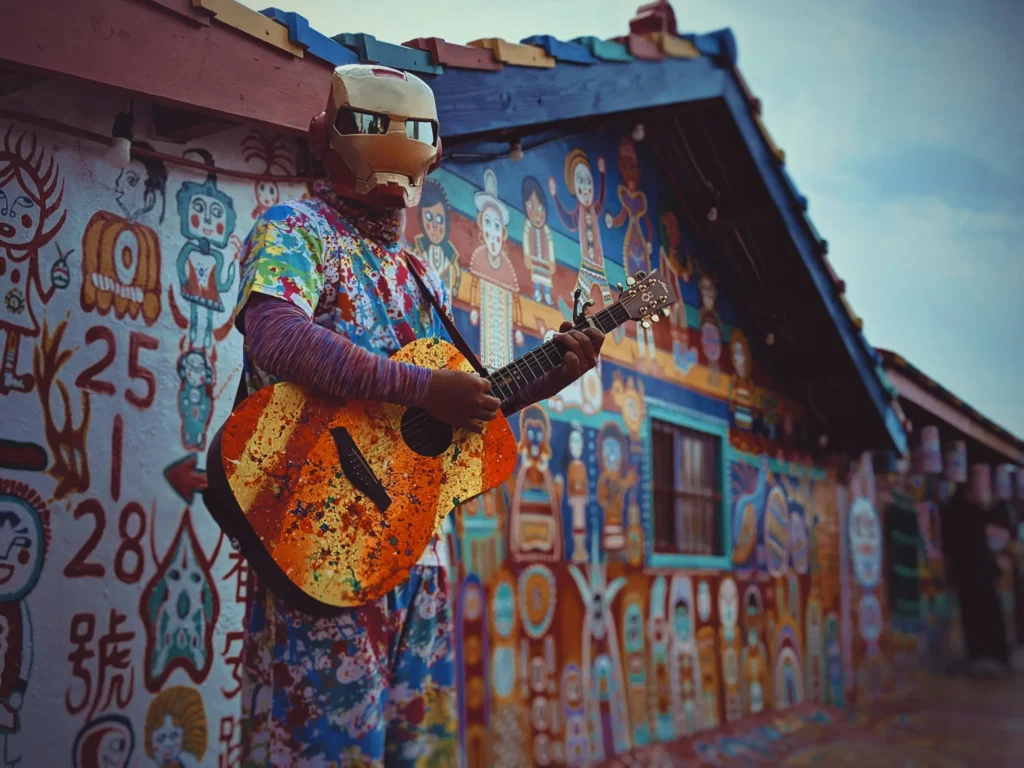 Guitariste jouant devant un mur peint