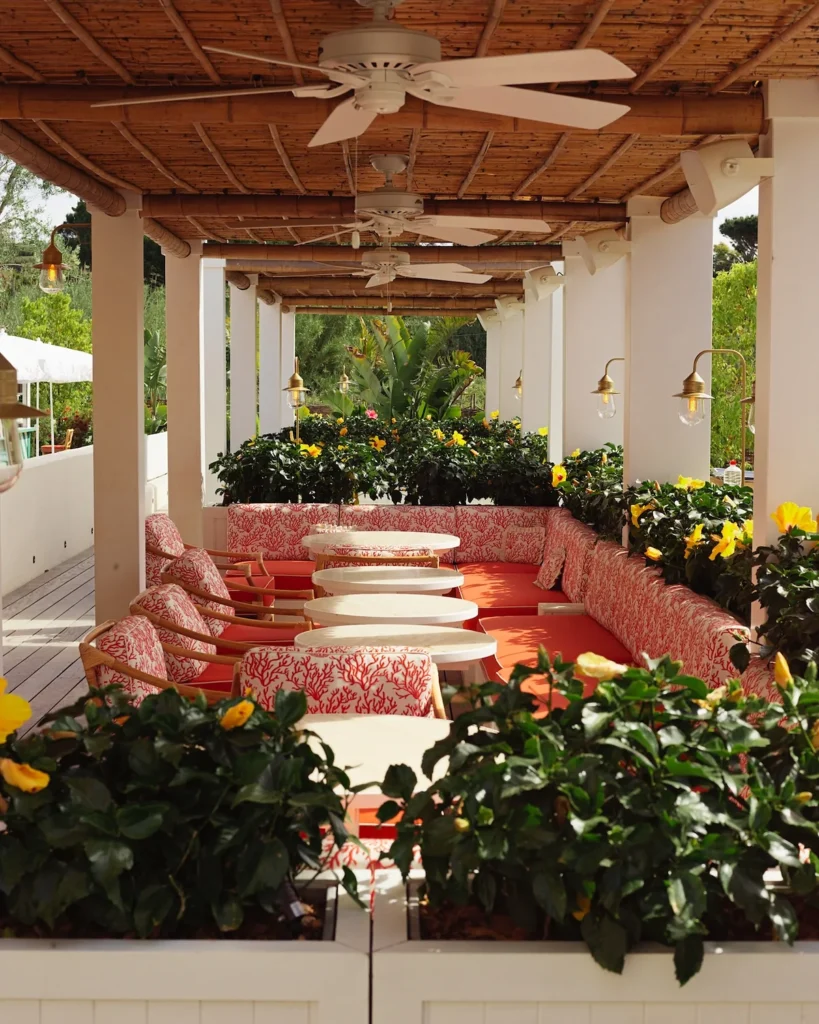 Terrasse de restaurant entourée de végétation dans un établissement 369° Hôtels-Maisons
