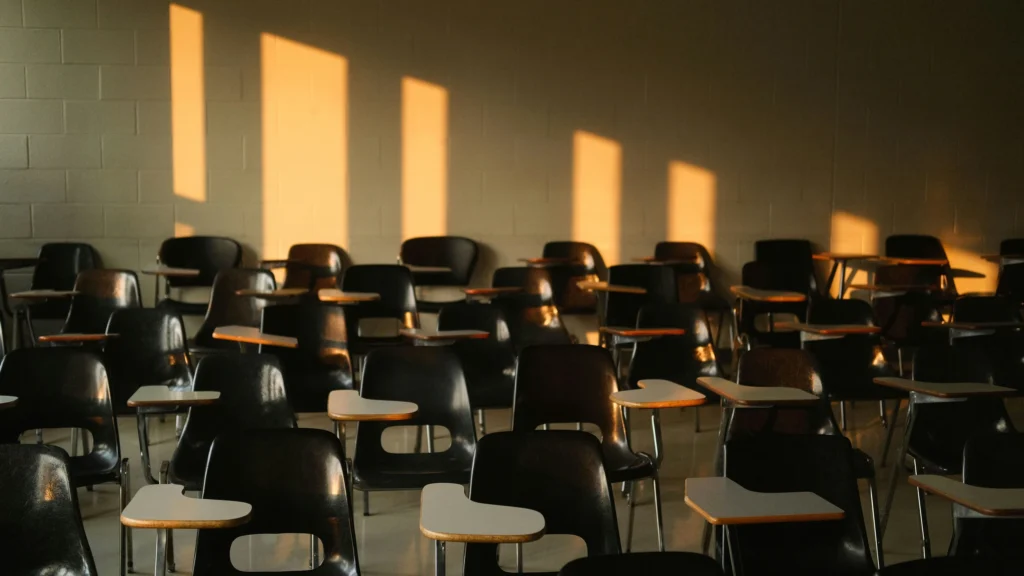 Salle de cours vide baignée de lumière